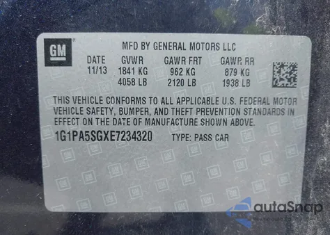 2014 Chevrolet Cruze Ls Auto z USA, uszkodzony, nr VIN 1G1PA5SGXE7234320